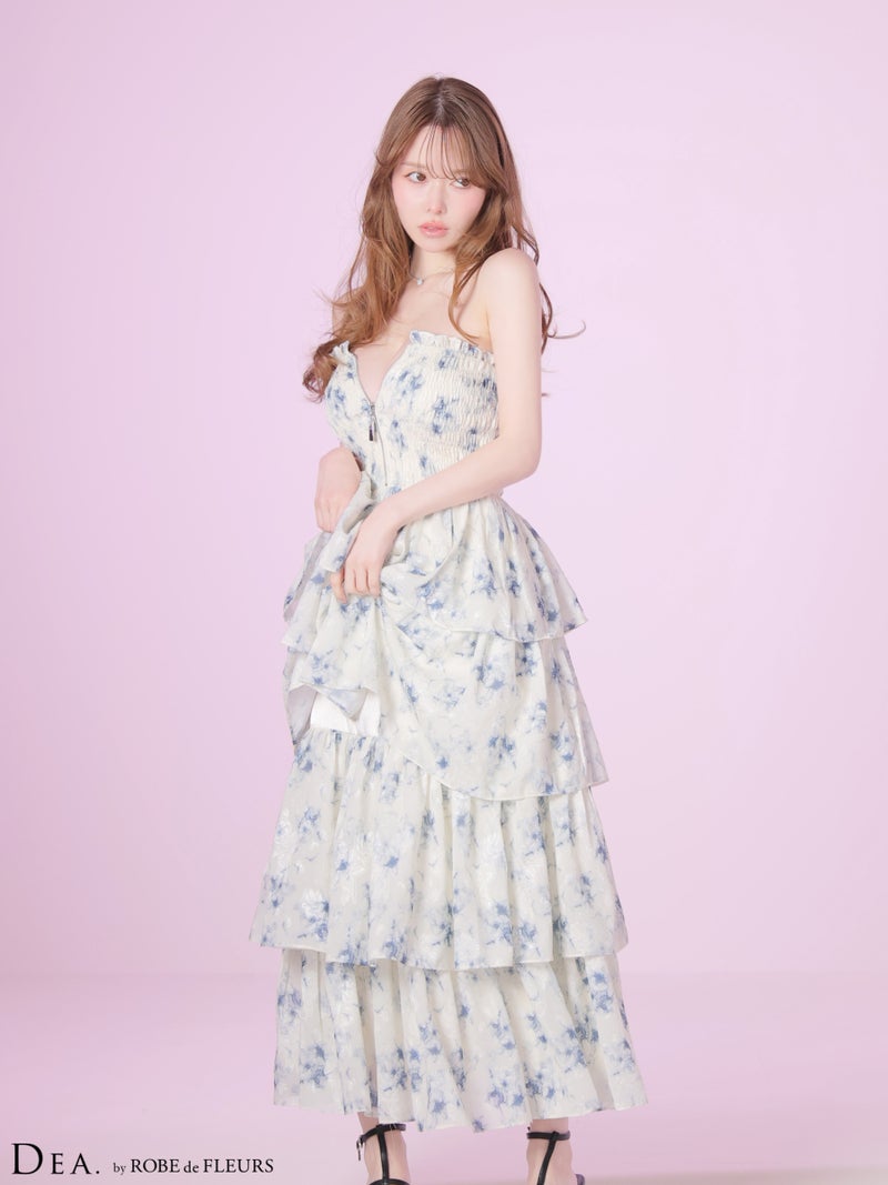 DEA. ディア バイ ローブドフルール 【XS～Lサイズあり】 フラワージャガードシフォンティアードフレアロングキャバドレス de4641-c