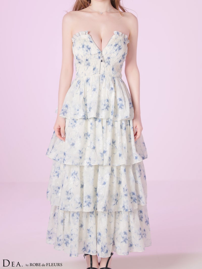 DEA. ディア バイ ローブドフルール 【XS～Lサイズあり】 フラワージャガードシフォンティアードフレアロングキャバドレス de4641-c