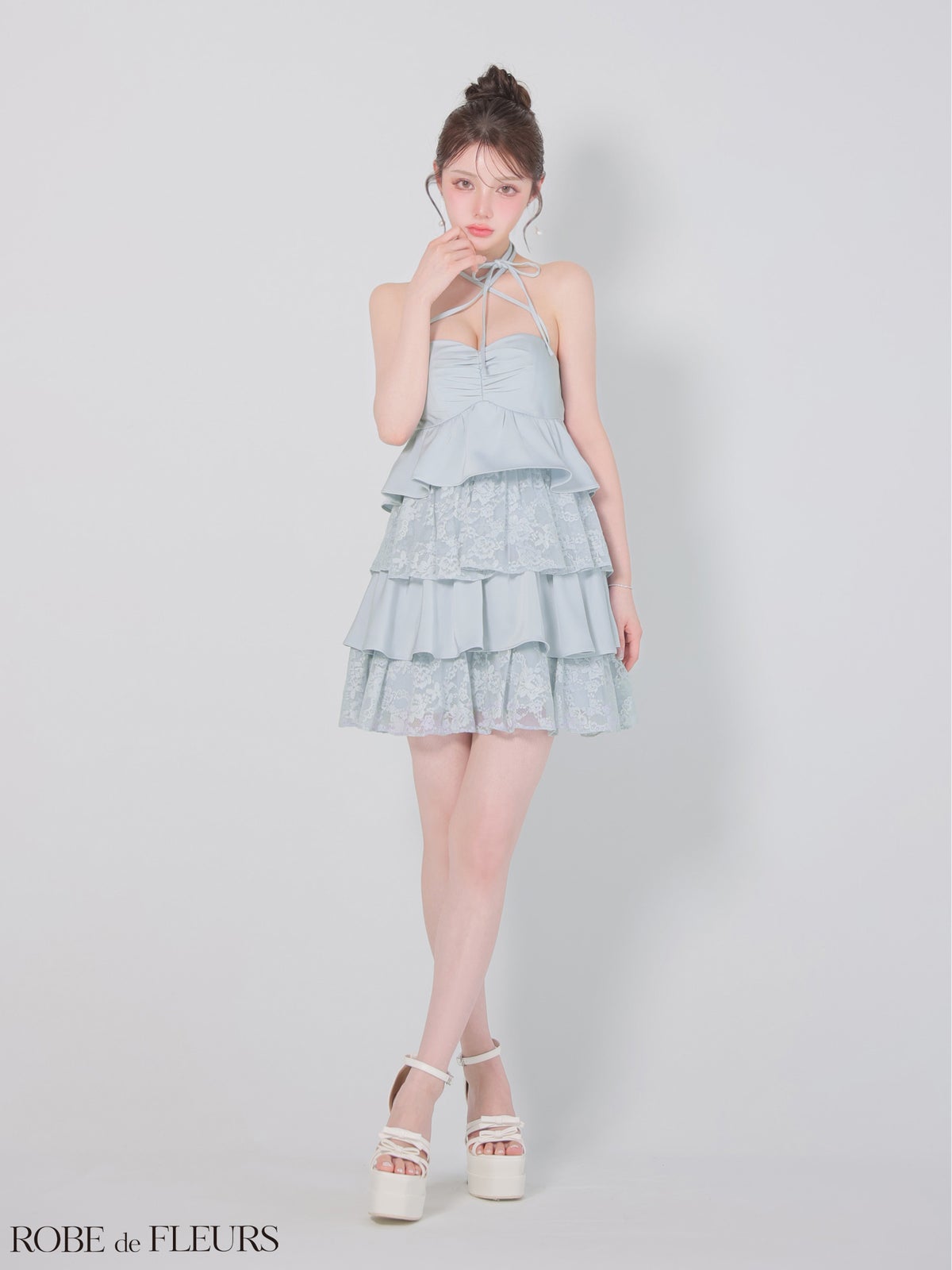 ROBE de FLEURS ローブドフルール 【XSサイズあり】スパンコールレースティアードフリルミニキャバドレス fm4663-c