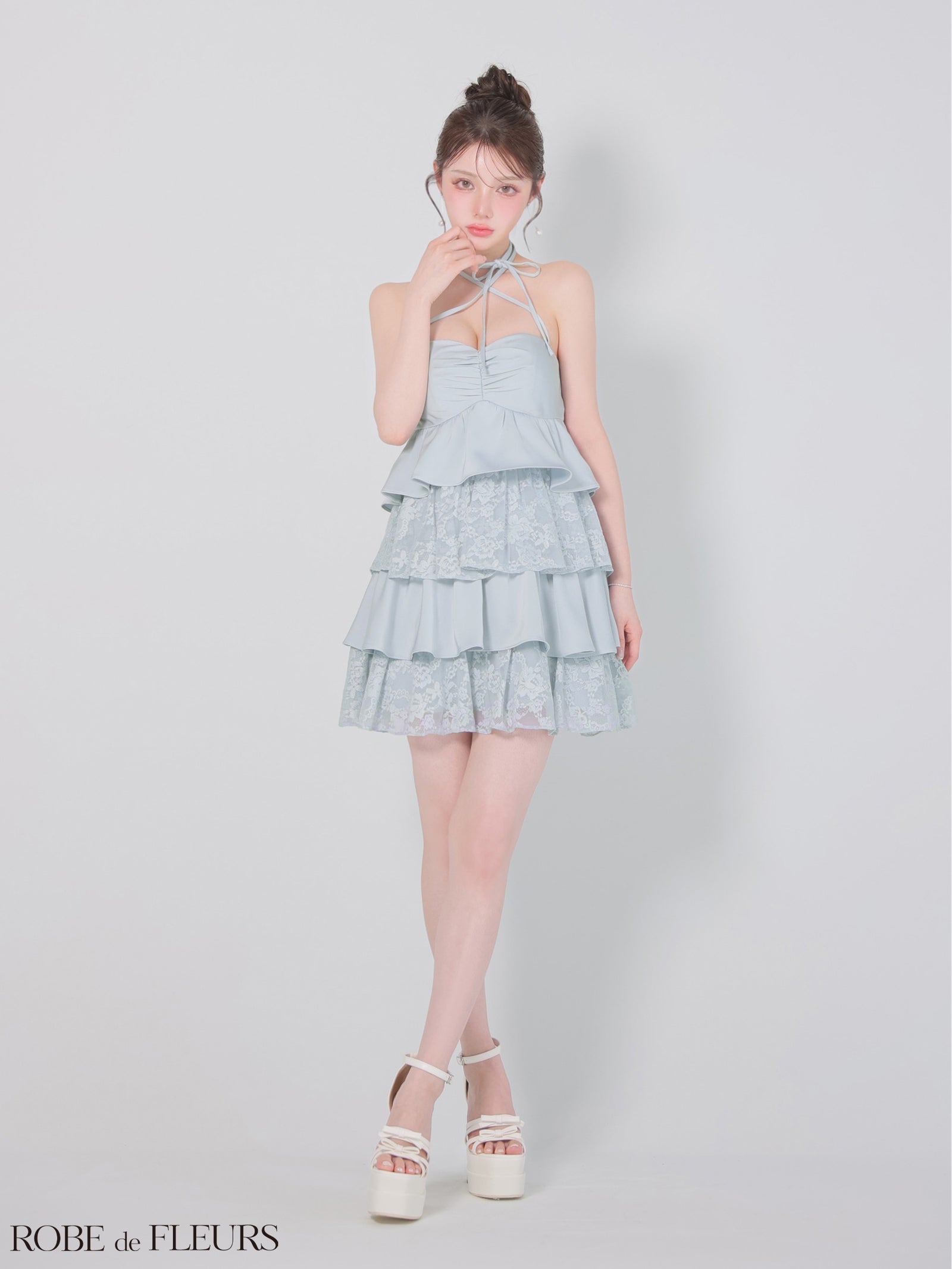 ROBE de FLEURS ローブドフルール 【XSサイズあり】スパンコールレースティアードフリルミニキャバドレス fm4663-c