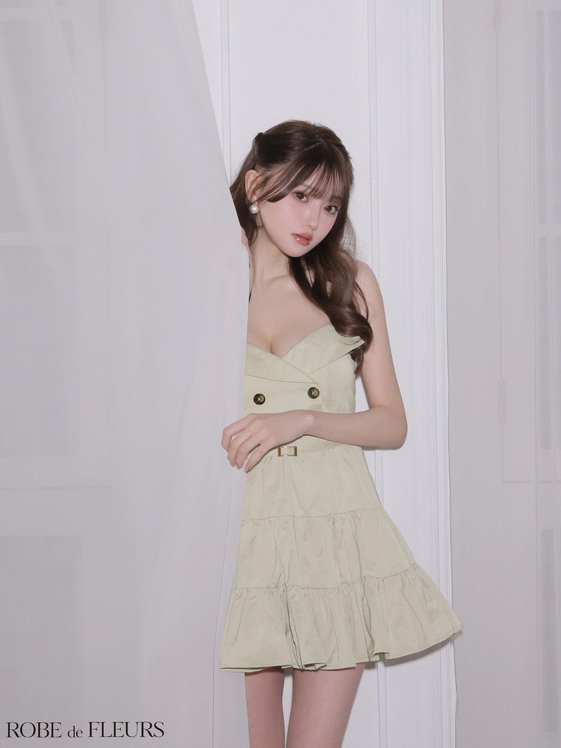 ROBE de FLEURS ローブドフルール 【XSサイズあり】 光沢ツイルダブルボタンティアードミニキャミキャバドレス fm3491