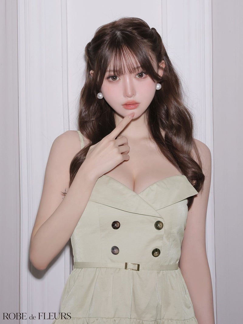 ROBE de FLEURS ローブドフルール 【XSサイズあり】 光沢ツイルダブルボタンティアードミニキャミキャバドレス fm3491