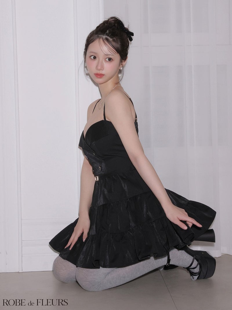 ROBE de FLEURS ローブドフルール 【XSサイズあり】 光沢ツイルダブルボタンティアードミニキャミキャバドレス fm3491