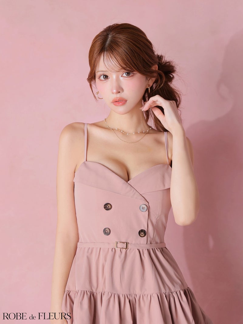 ROBE de FLEURS ローブドフルール 【XSサイズあり】 光沢ツイルダブルボタンティアードミニキャミキャバドレス fm3491