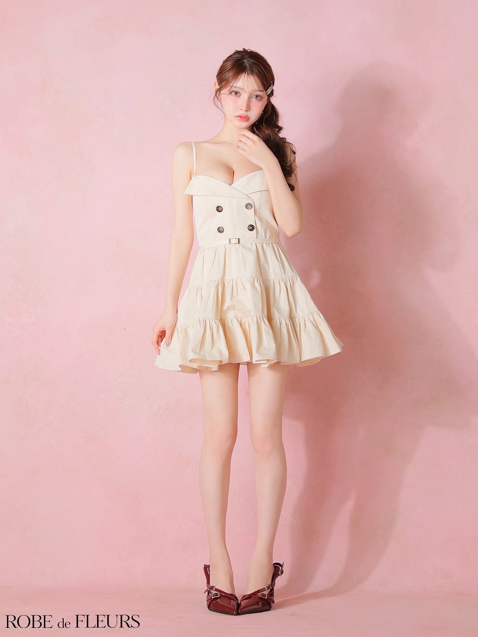 ROBE de FLEURS ローブドフルール 【XSサイズあり】 光沢ツイルダブルボタンティアードミニキャミキャバドレス fm3491