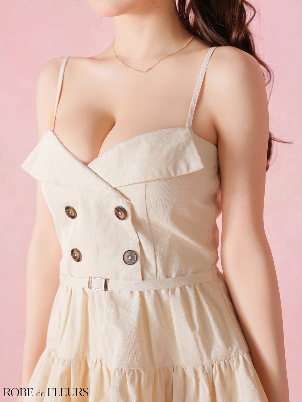ROBE de FLEURS ローブドフルール 【XSサイズあり】 光沢ツイルダブルボタンティアードミニキャミキャバドレス fm3491