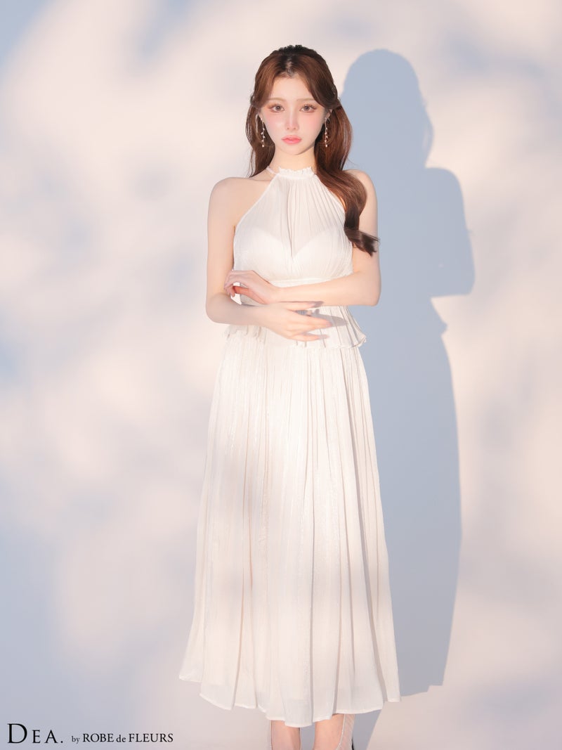 DEA. ディア バイ ローブドフルール 【XS～Lサイズあり】 ラメシフォンプリーツホルターネックツーピースロングキャバドレス de4344