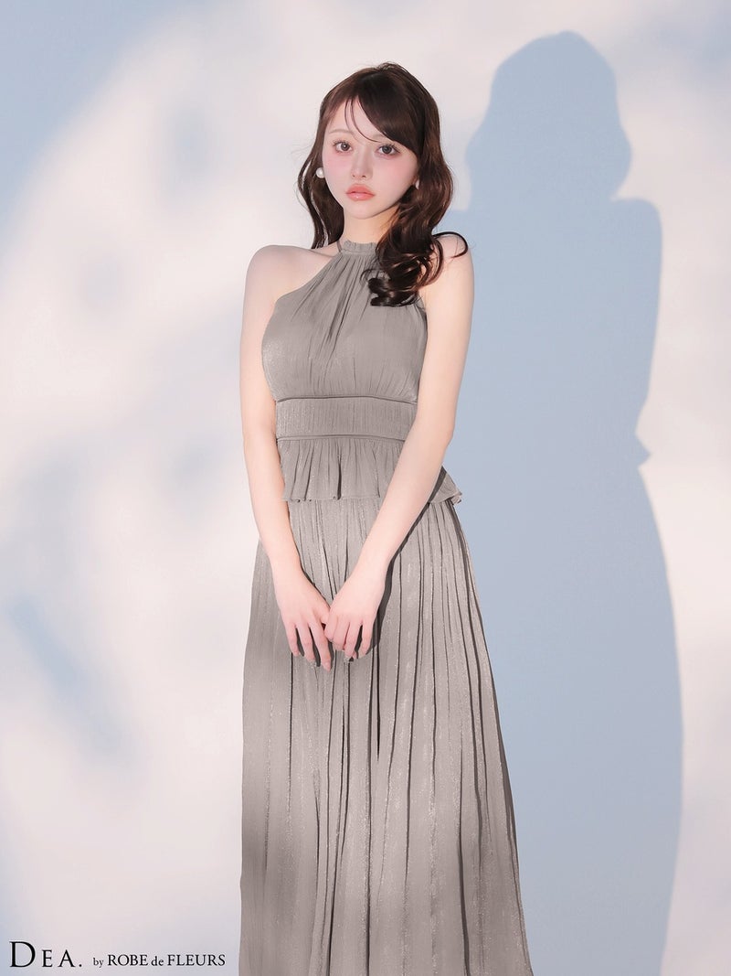DEA. ディア バイ ローブドフルール 【XS～Lサイズあり】 ラメシフォンプリーツホルターネックツーピースロングキャバドレス de4344