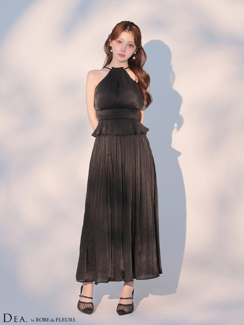DEA. ディア バイ ローブドフルール 【XS～Lサイズあり】 ラメシフォンプリーツホルターネックツーピースロングキャバドレス de4344