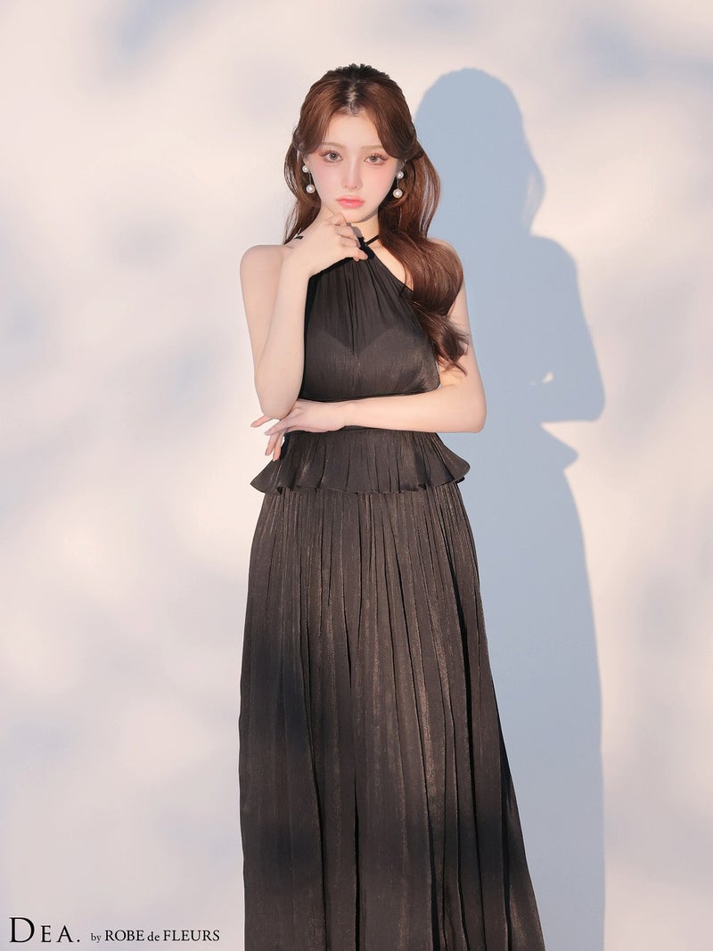 DEA. ディア バイ ローブドフルール 【XS～Lサイズあり】 ラメシフォンプリーツホルターネックツーピースロングキャバドレス de4344