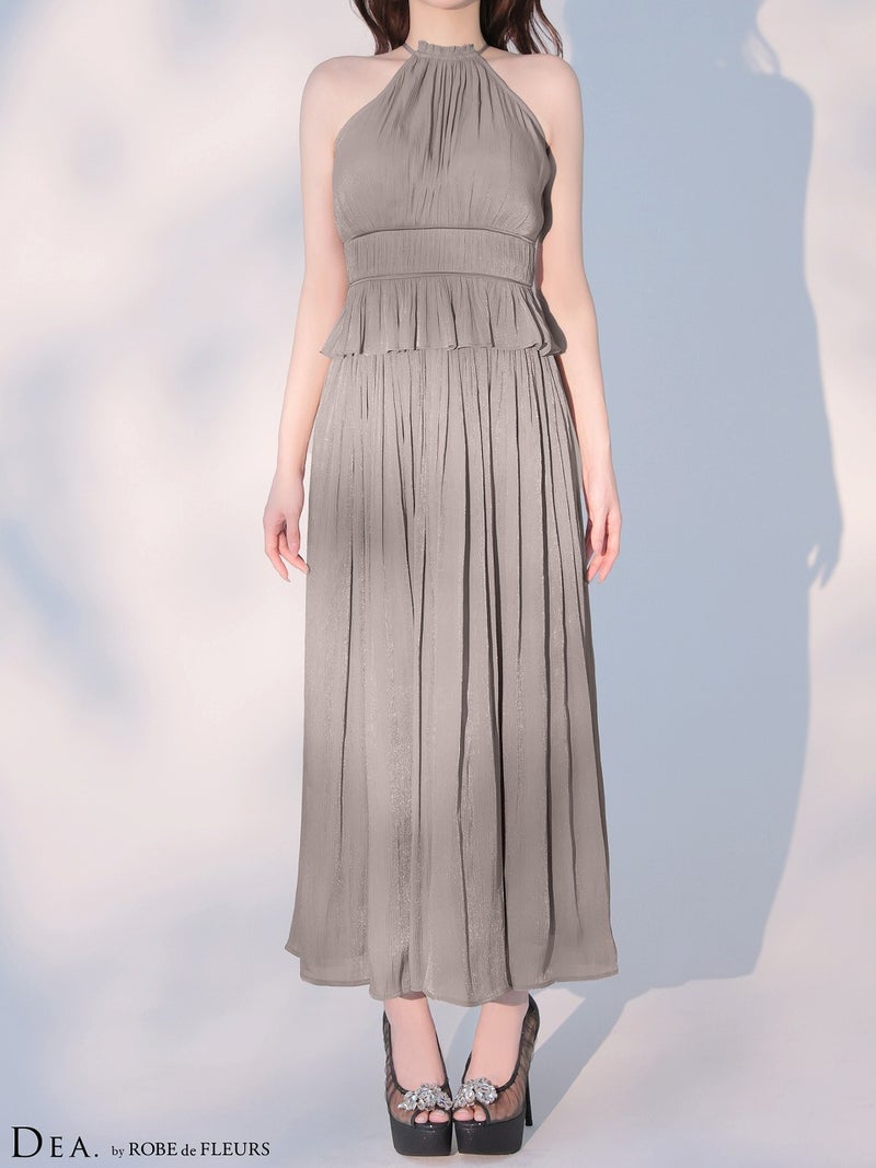 DEA. ディア バイ ローブドフルール 【XS～Lサイズあり】 ラメシフォンプリーツホルターネックツーピースロングキャバドレス de4344