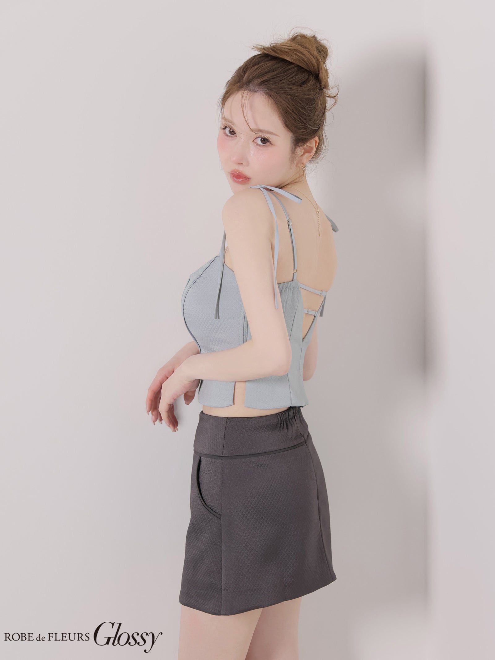 Glossy ローブドフルールグロッシー 【XSサイズあり】バイカラーキルティングショルダーリボンセットアップミニキャバドレス gl4350