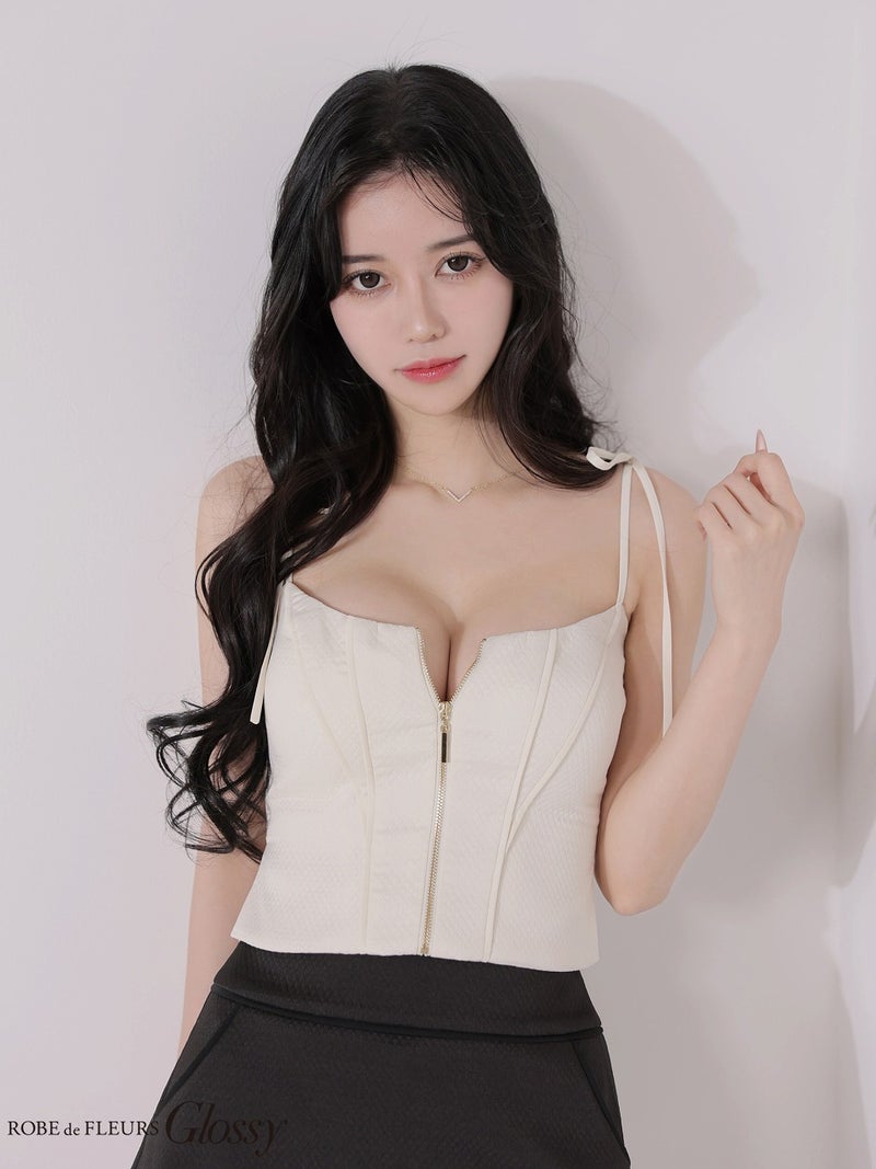 Glossy ローブドフルールグロッシー 【XSサイズあり】バイカラーキルティングショルダーリボンセットアップミニキャバドレス gl4350