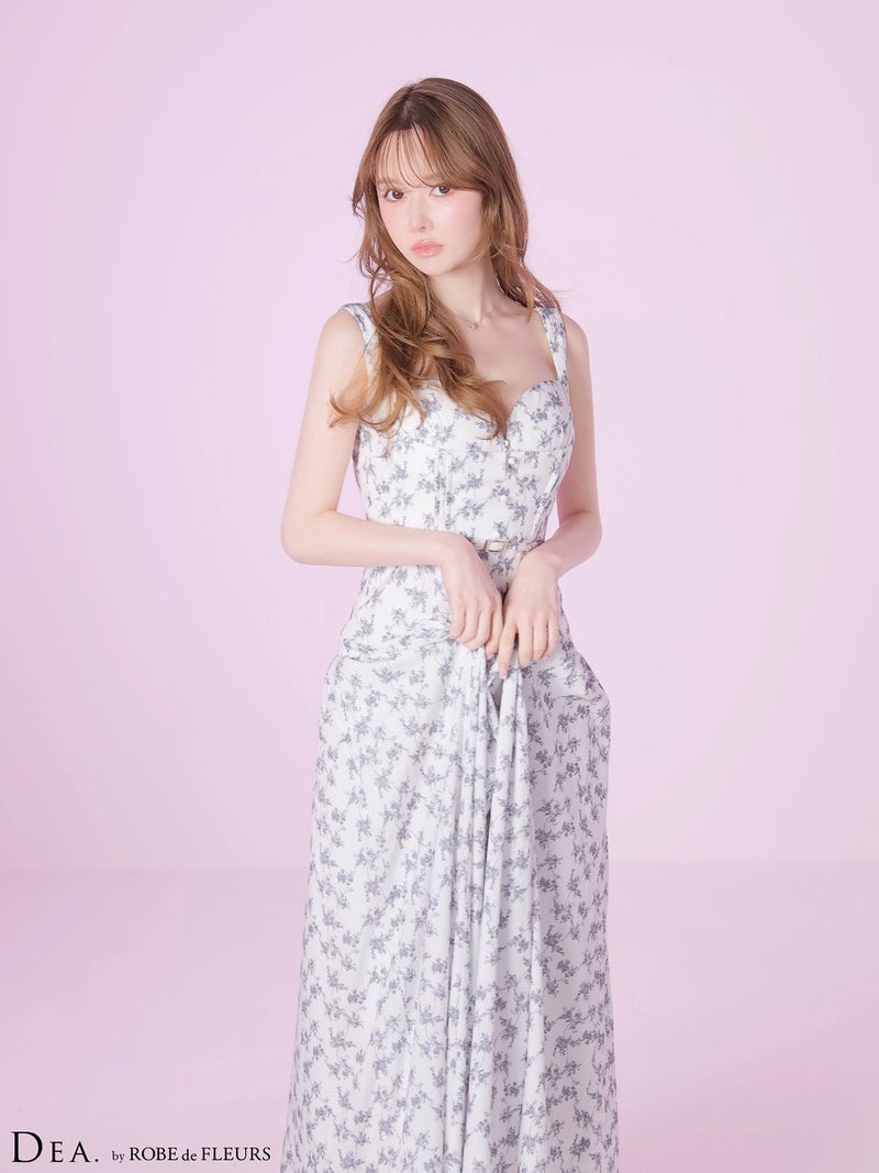 DEA. ディア バイ ローブドフルール 【XS～Lサイズあり】フラワーマットサテンギャザーフレアロングキャバドレス de4352
