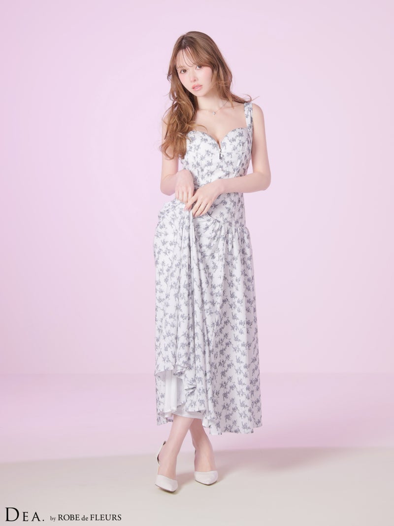 DEA. ディア バイ ローブドフルール 【XS～Lサイズあり】フラワーマットサテンギャザーフレアロングキャバドレス de4352