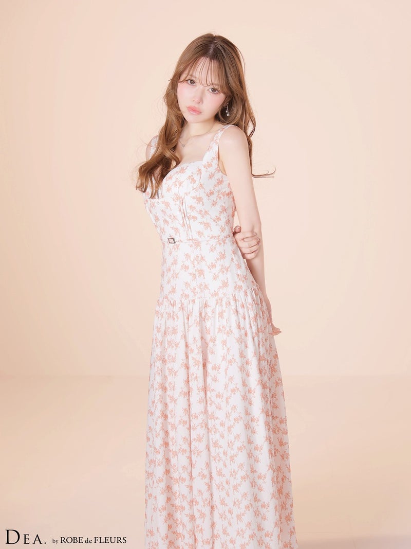 DEA. ディア バイ ローブドフルール 【XS～Lサイズあり】フラワーマットサテンギャザーフレアロングキャバドレス de4352