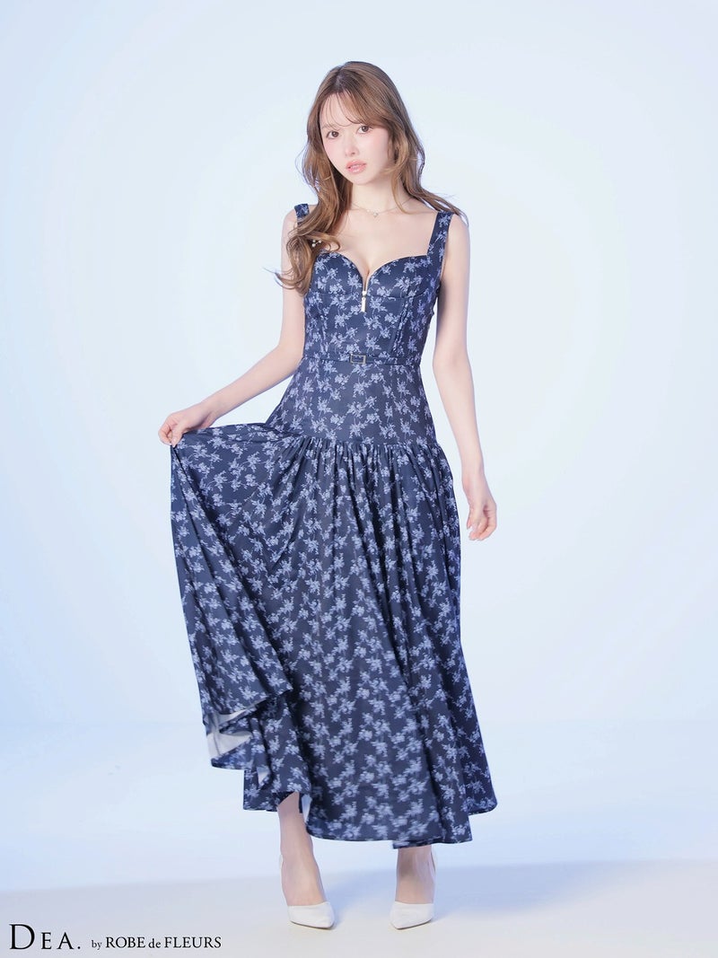 DEA. ディア バイ ローブドフルール 【XS～Lサイズあり】フラワーマットサテンギャザーフレアロングキャバドレス de4352