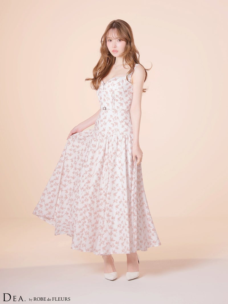 DEA. ディア バイ ローブドフルール 【XS～Lサイズあり】フラワーマットサテンギャザーフレアロングキャバドレス de4352