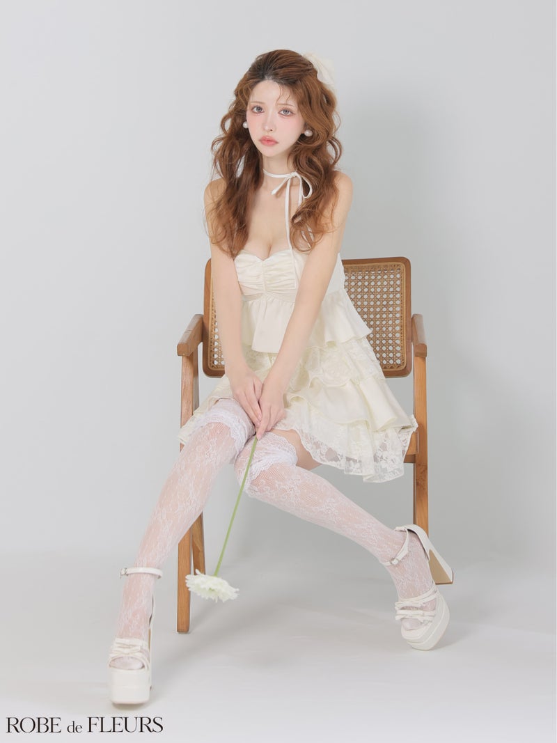 ROBE de FLEURS ローブドフルール 【XSサイズあり】スパンコールレースティアードフリルミニキャバドレス fm4663