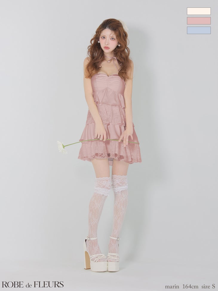 ROBE de FLEURS ローブドフルール 【XSサイズあり】スパンコールレースティアードフリルミニキャバドレス fm4663