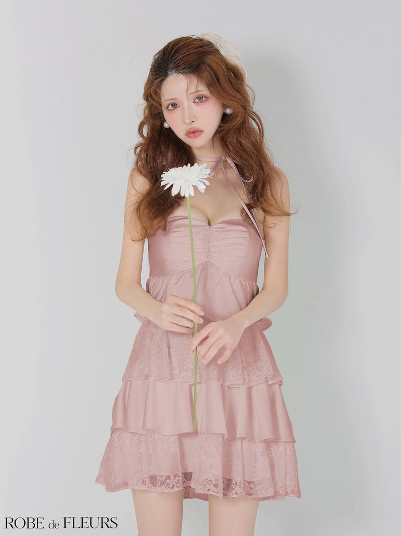 ROBE de FLEURS ローブドフルール 【XSサイズあり】スパンコールレースティアードフリルミニキャバドレス fm4663