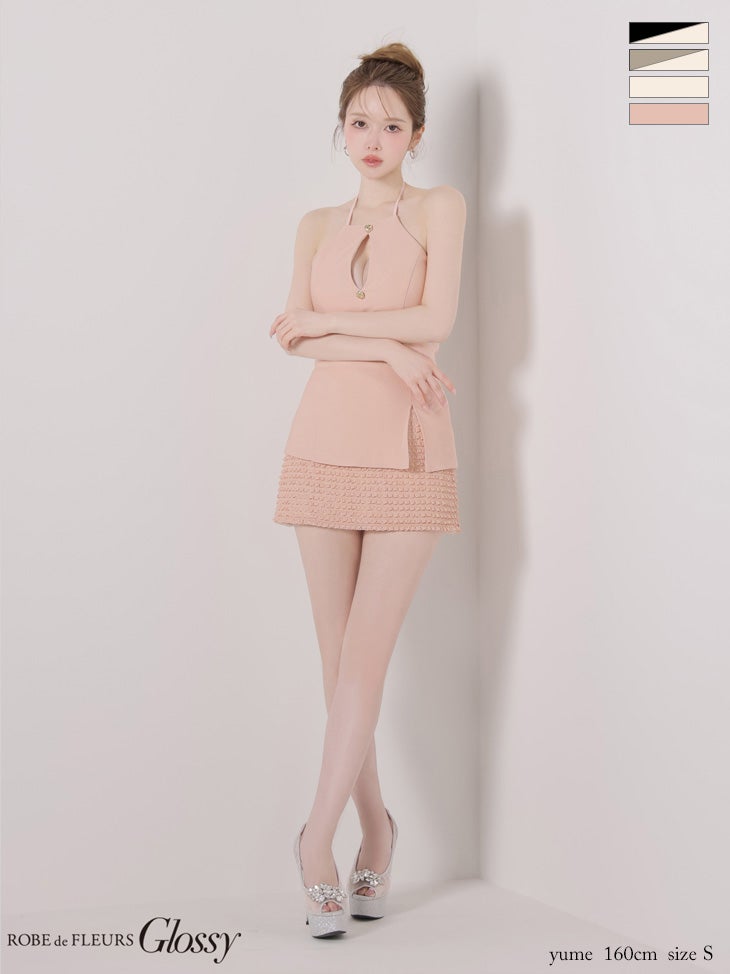 Glossy ローブドフルールグロッシー 【XSサイズあり】 リブホルターネックレーススカートセットアップミニキャバドレス gl4175