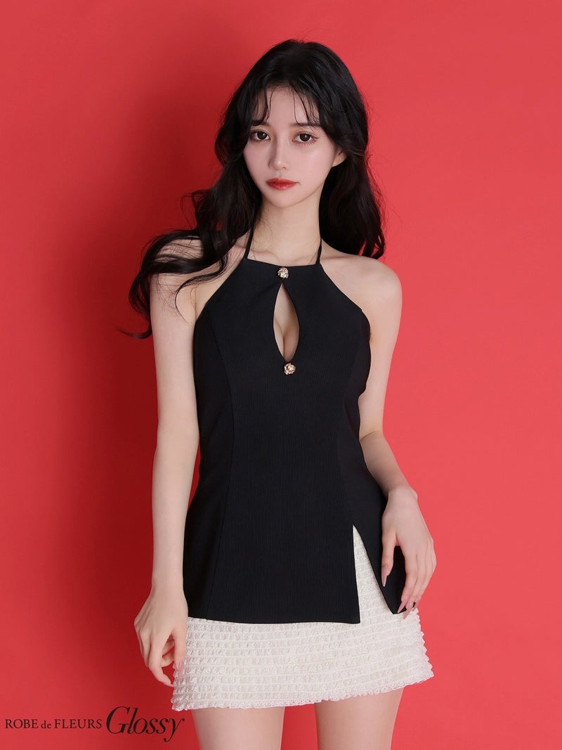 Glossy ローブドフルールグロッシー 【XSサイズあり】 リブホルターネックレーススカートセットアップミニキャバドレス gl4175