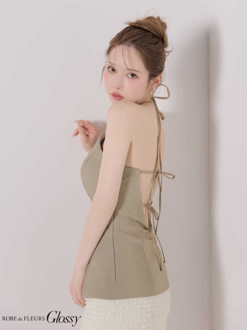 Glossy ローブドフルールグロッシー 【XSサイズあり】 リブホルターネックレーススカートセットアップミニキャバドレス gl4175