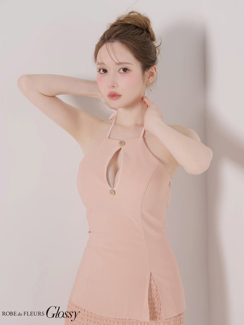 Glossy ローブドフルールグロッシー 【XSサイズあり】 リブホルターネックレーススカートセットアップミニキャバドレス gl4175