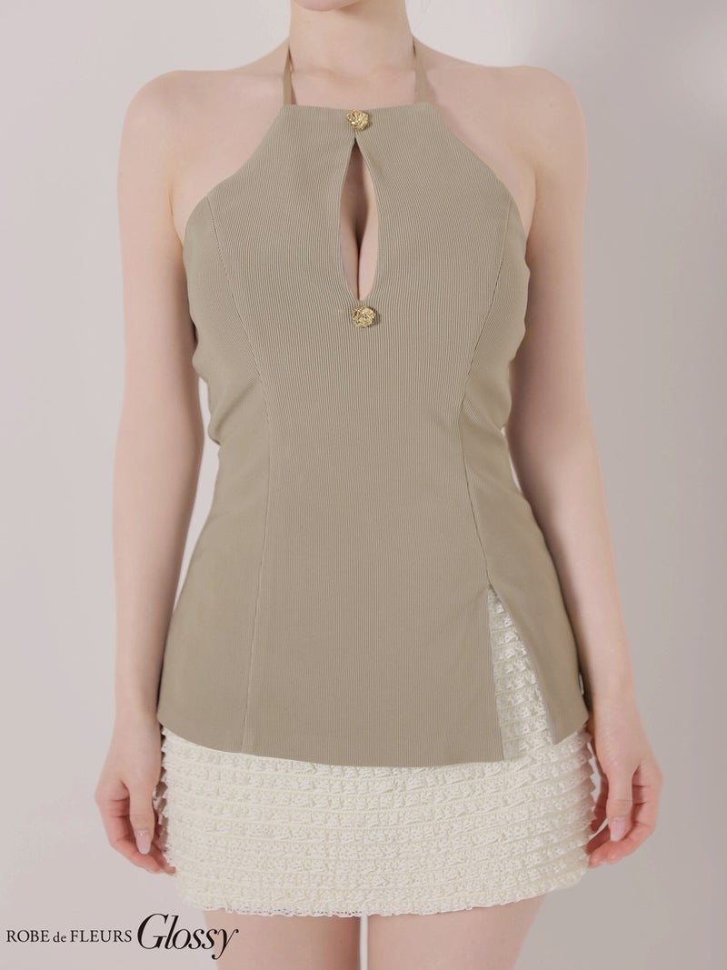 Glossy ローブドフルールグロッシー 【XSサイズあり】 リブホルターネックレーススカートセットアップミニキャバドレス gl4175