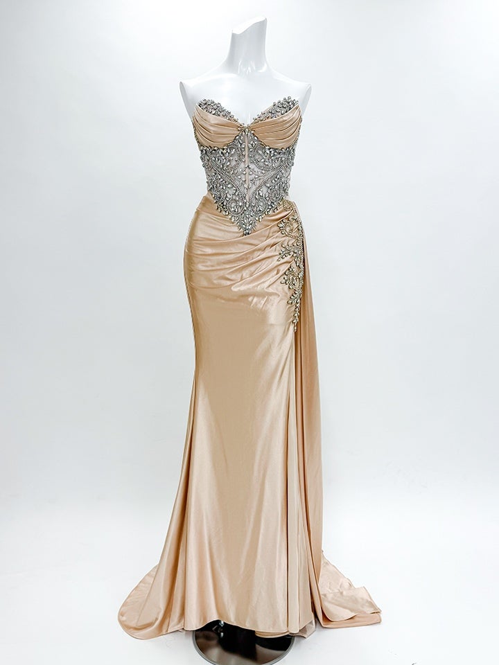 vanityME.couture.バニティーミークチュール ラグジュアリービジュー シャイニーサテン メッシュ ショール付き スリット入り バースデードレス ロングドレス シャンパンゴールド vctr-l-kv1131