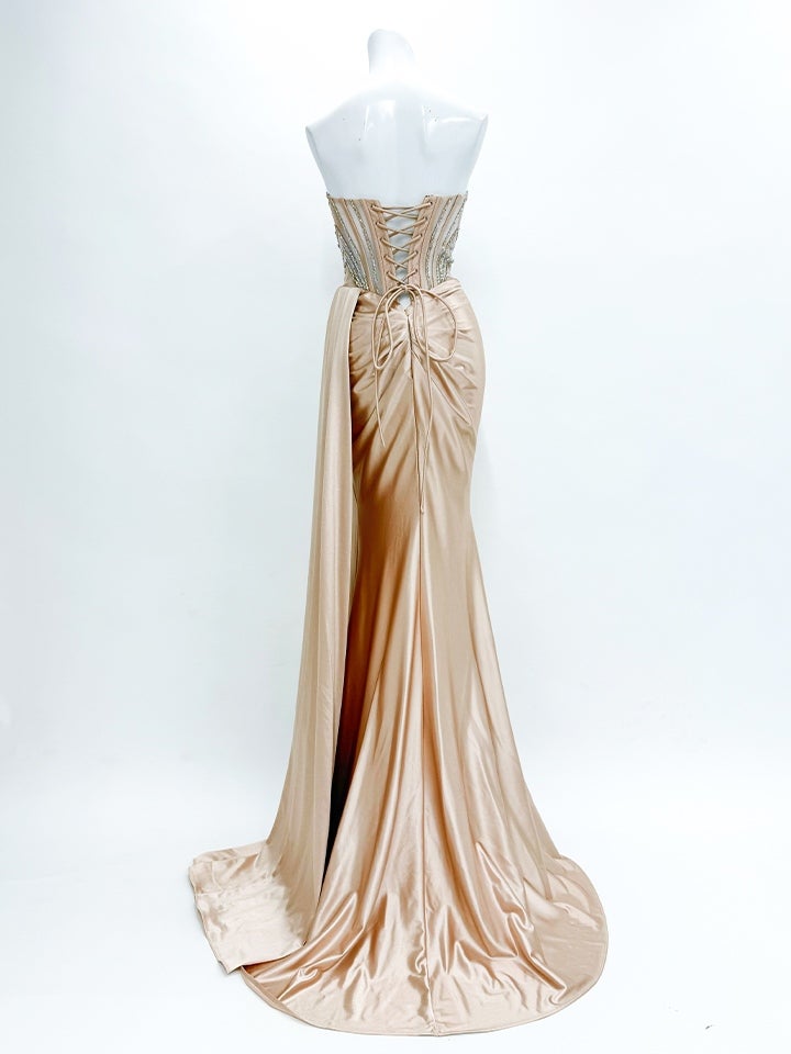 vanityME.couture.バニティーミークチュール ラグジュアリービジュー シャイニーサテン メッシュ ショール付き スリット入り バースデードレス ロングドレス シャンパンゴールド vctr-l-kv1131