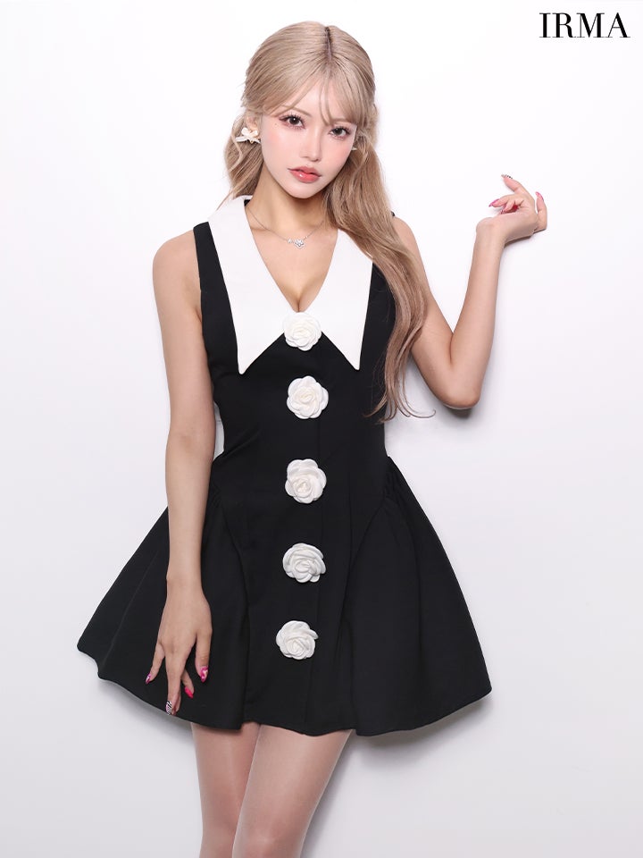 IRMA イルマ 襟付き/ドッキング/コサージュボタン/バイカラー/バルーンスカート/フレア ミニドレス ワンピース ir61071