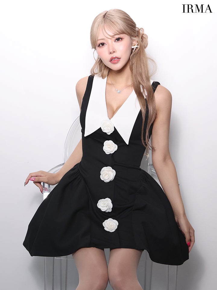 IRMA イルマ 襟付き/ドッキング/コサージュボタン/バイカラー/バルーンスカート/フレア ミニドレス ワンピース ir61071