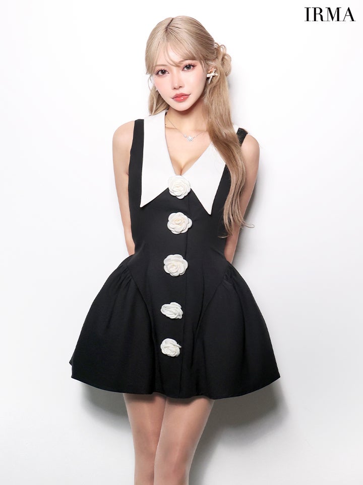 IRMA イルマ 襟付き/ドッキング/コサージュボタン/バイカラー/バルーンスカート/フレア ミニドレス ワンピース ir61071