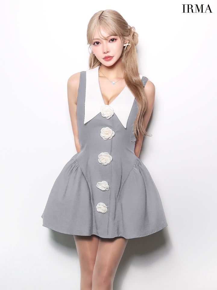 IRMA イルマ 襟付き/ドッキング/コサージュボタン/バイカラー/バルーンスカート/フレア ミニドレス ワンピース ir61071