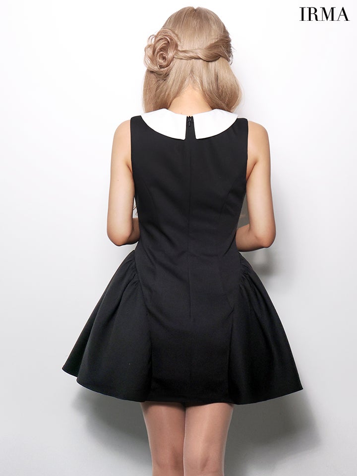 IRMA イルマ 襟付き/ドッキング/コサージュボタン/バイカラー/バルーンスカート/フレア ミニドレス ワンピース ir61071