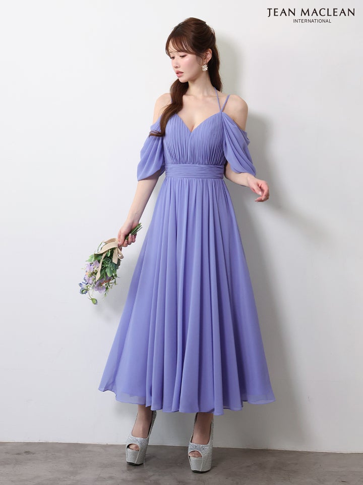 JEAN MACLEAN ジャンマクレーン シフォン/ワンカラー/オフショル/袖付き/プリーツ/ミモレ丈/ミディアムドレス  ja61085