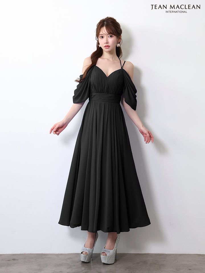 JEAN MACLEAN ジャンマクレーン シフォン/ワンカラー/オフショル/袖付き/プリーツ/ミモレ丈/ミディアムドレス  ja61085