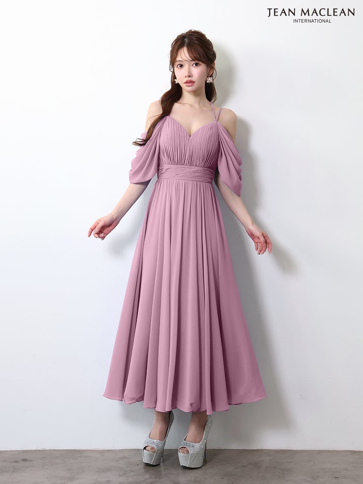JEAN MACLEAN ジャンマクレーン シフォン/ワンカラー/オフショル/袖付き/プリーツ/ミモレ丈/ミディアムドレス  ja61085