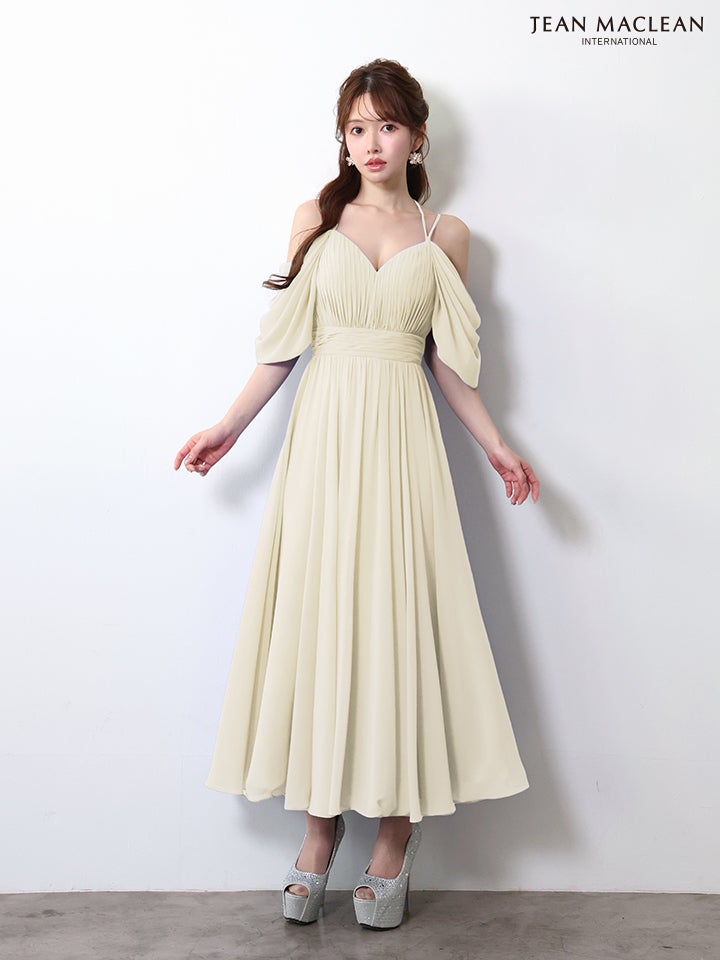 JEAN MACLEAN ジャンマクレーン シフォン/ワンカラー/オフショル/袖付き/プリーツ/ミモレ丈/ミディアムドレス  ja61085