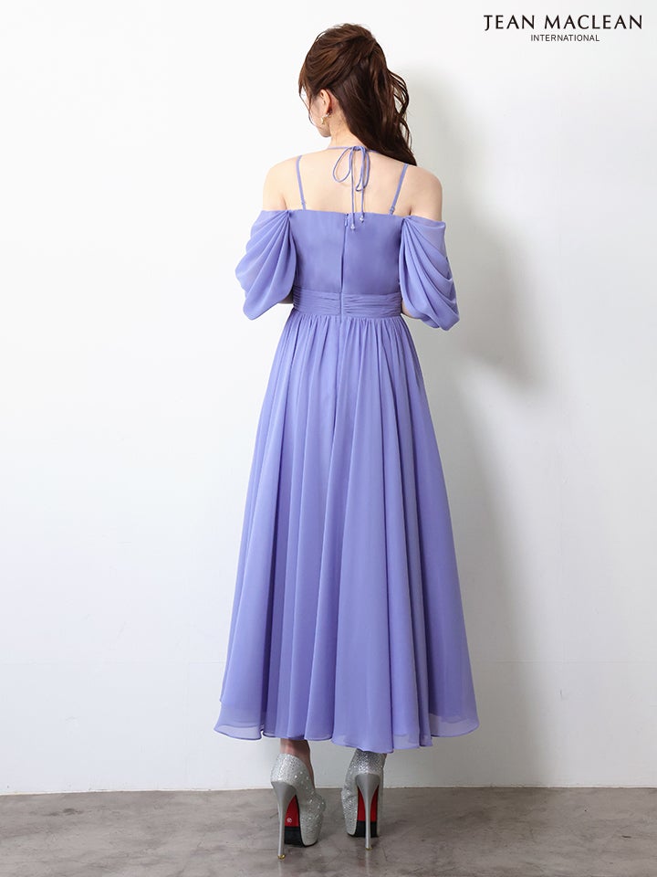 JEAN MACLEAN ジャンマクレーン シフォン/ワンカラー/オフショル/袖付き/プリーツ/ミモレ丈/ミディアムドレス  ja61085