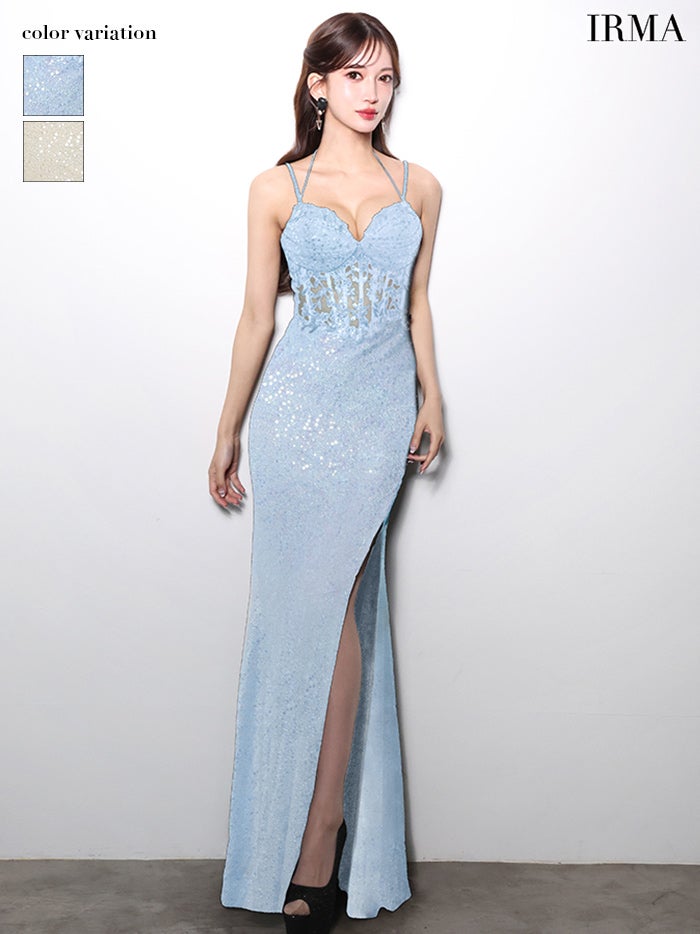 IRMA イルマ ワンカラー/スパンコール/レース/シースルー/コルセット/スリット入り/タイト ロングドレス ir61088