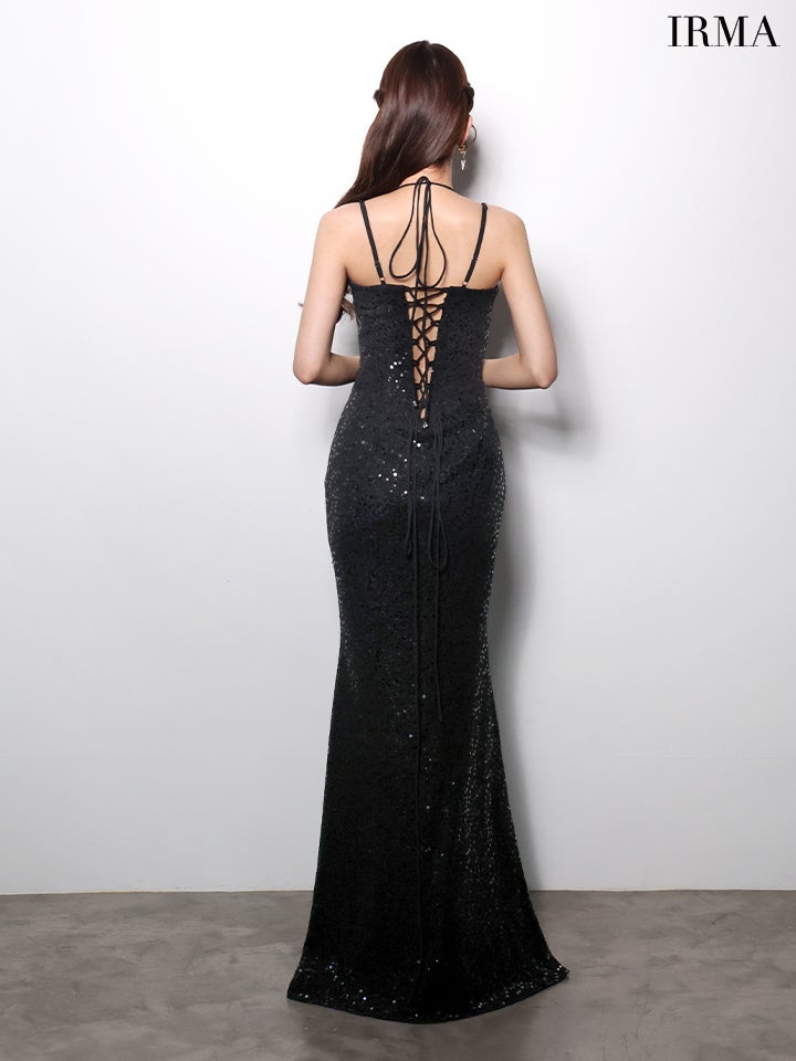 IRMA イルマ ワンカラー/スパンコール/レース/シースルー/コルセット/スリット入り/タイト ロングドレス ir61088