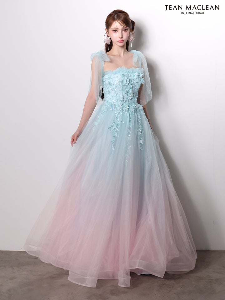 JEAN MACLEAN ジャンマクレーン *SpringGradation* バイカラー/グラデーション/ビビッド×パステル/リボンショルダー/立体フラワーモチーフ/姫/ロングドレス  ja61095