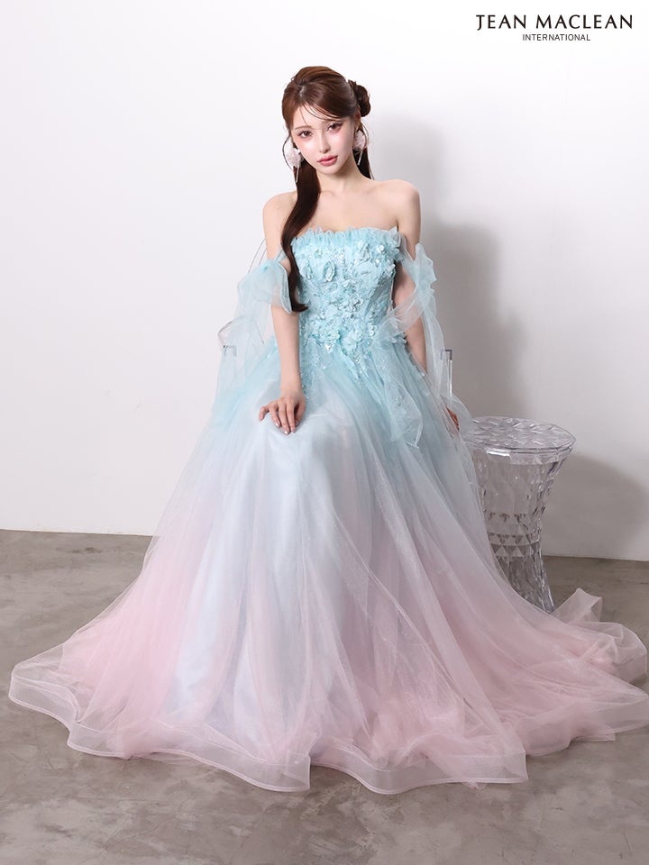 JEAN MACLEAN ジャンマクレーン *SpringGradation* バイカラー/グラデーション/ビビッド×パステル/リボンショルダー/立体フラワーモチーフ/姫/ロングドレス  ja61095