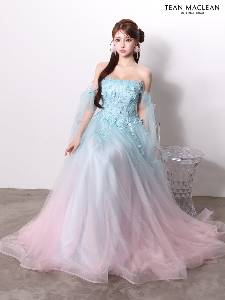 JEAN MACLEAN ジャンマクレーン *SpringGradation* バイカラー/グラデーション/ビビッド×パステル/リボンショルダー/立体フラワーモチーフ/姫/ロングドレス  ja61095