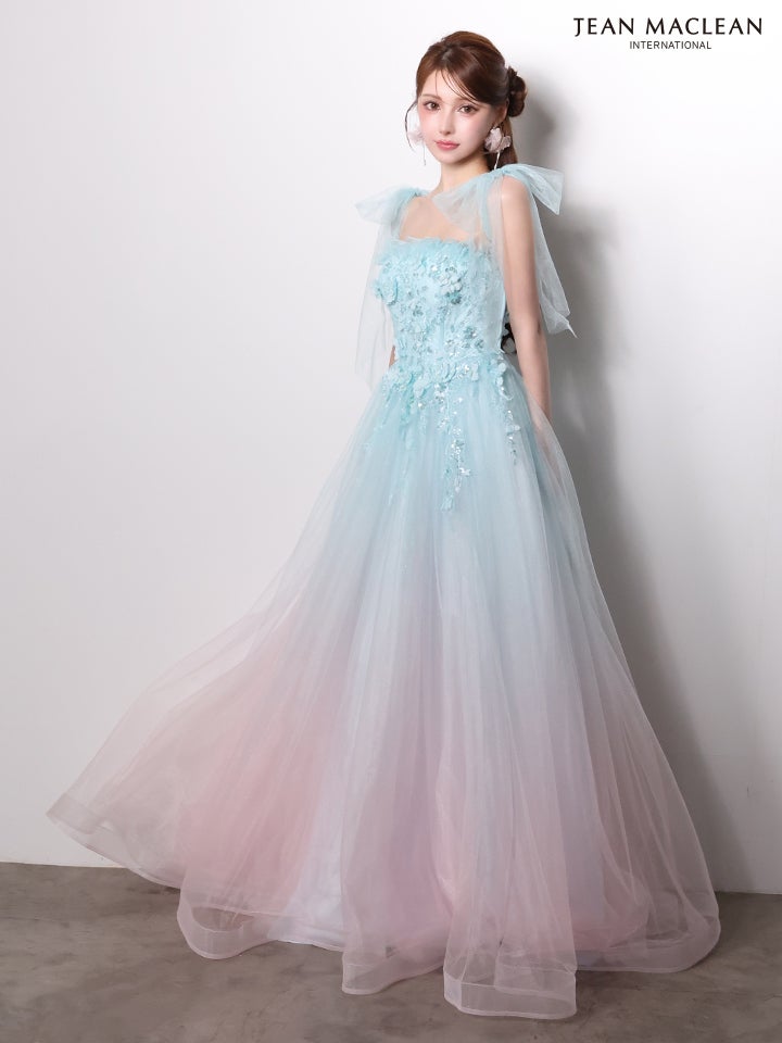 JEAN MACLEAN ジャンマクレーン *SpringGradation* バイカラー/グラデーション/ビビッド×パステル/リボンショルダー/立体フラワーモチーフ/姫/ロングドレス  ja61095