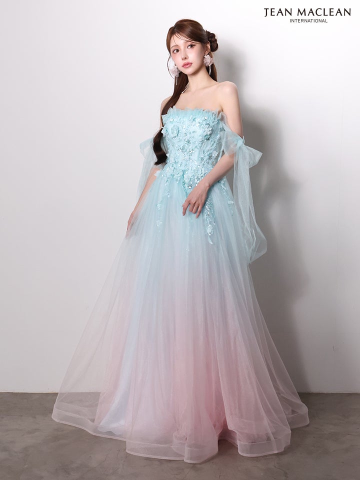 JEAN MACLEAN ジャンマクレーン *SpringGradation* バイカラー/グラデーション/ビビッド×パステル/リボンショルダー/立体フラワーモチーフ/姫/ロングドレス  ja61095