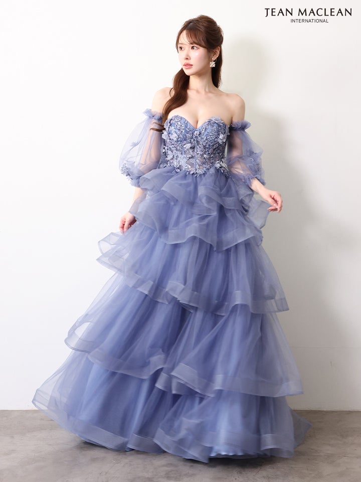 JEAN MACLEAN ジャンマクレーン ワンカラー/立体フラワーモチーフ/4段ボリュームフリル/袖付き/オフショル/姫/ロングドレス ja61096